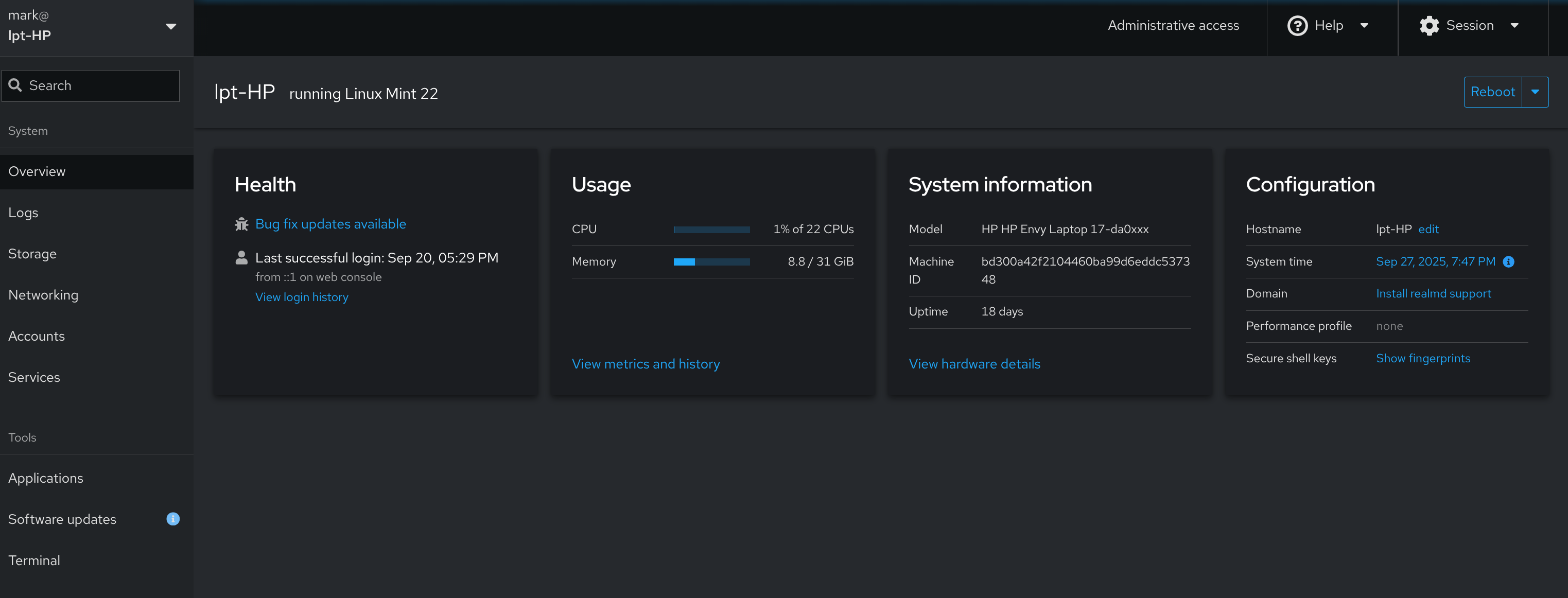 Cockpit main dashboard showing system overview